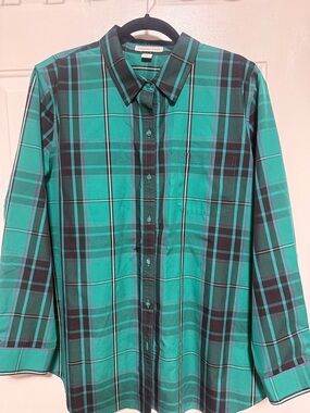 Coldwater Creek Teal and Black Plaid Button-Down Shirt